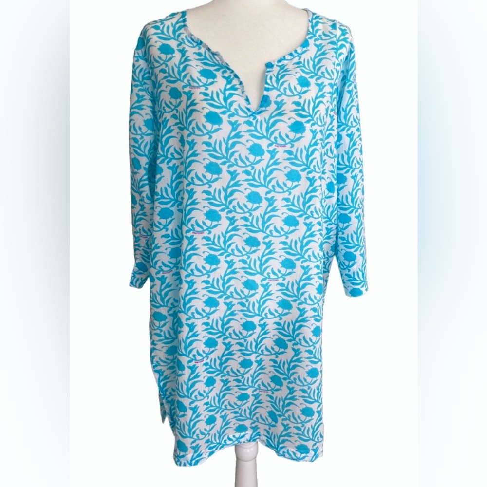 Gretchen Scott Cotton Swim Cover Up Turquoise and White Size XL Preppy Coastal